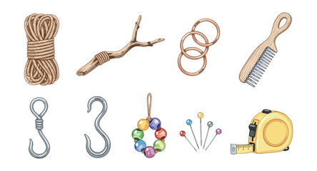 Collection of everyday craft and diy tools in watercolor style