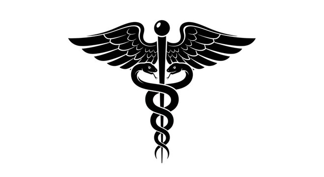 Black and white depiction of a Caduceus symbol, featuring two snakes entwined around a winged staff.
