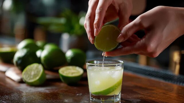 Barman squeezing fresh lime juice into a glass for a refreshing drink at a bustling bar during the evening rush