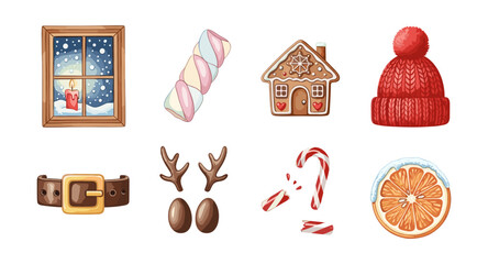 Festive holiday icons: cozy winter, gingerbread, and candy cane collection
