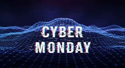 Cyber Monday Glitch Effect Text on Futuristic Blue Digital Grid Abstract Background