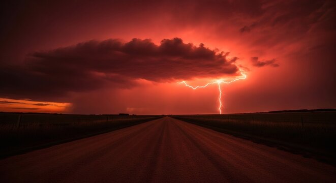 Powerful Lightning Strike Over Endless Rural Road Under Ominous Red Storm Clouds at Sunset