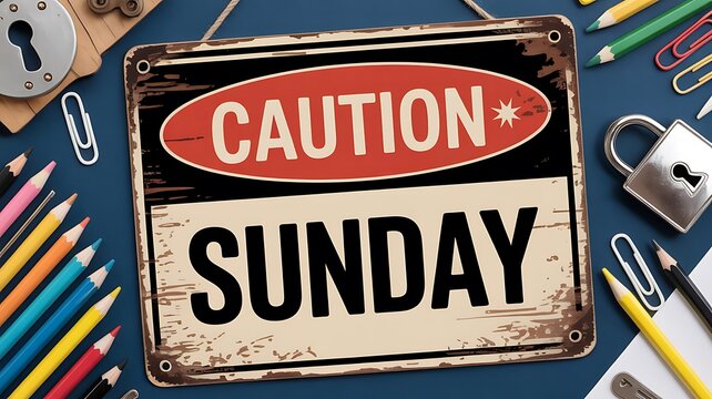 Caution sunday sign with colorful pencils and locks on a blue background