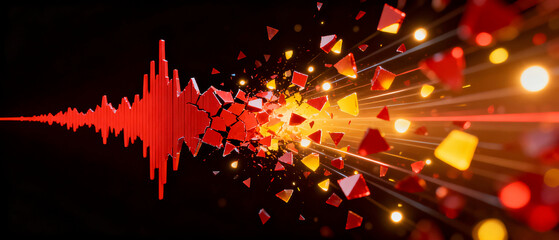 Exploding Abstract Sound Wave Graphic on Black Background, Representing Power, Impact, Big Data Transmission, and Digital Energy with Red and Orange Shattered Geometric Shapes