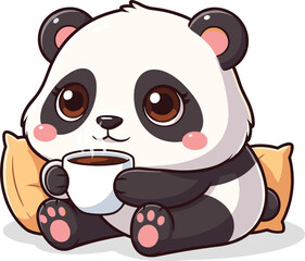 Obraz premium Cartoon Panda Sitting with Coffee Cup Between Pillows on White Background for Cozy Relaxation and Cute Design Themes