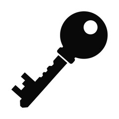 Simple black and white graphic of a modern key design isolated on a white background