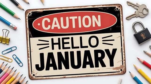 Caution hello january sign with pencils and keys on white background