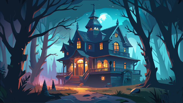 Very beautiful dark Victorian mansion set in a foggy forest at night, with glowing windows casting an eerie light, creating a spooky, haunted house atmosphere full of mystery and suspense.