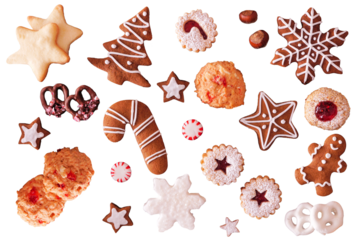 Variety of Christmas cookies and sweets. Top view. Unique items isolated on a transparent background. Holiday baking concept.