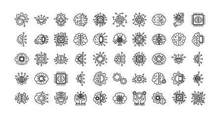 Artificial intelligence and technology management icon set collection. Containing mind, operation, think, networking, intelligence, touch, brain .Line vector icons collection