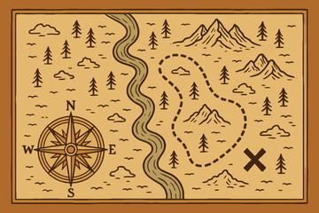 Vintage hand drawn treasure map with compass mountains river and an x marking the spot