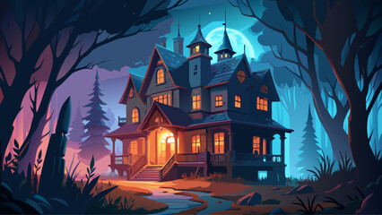 Very beautiful dark Victorian mansion set in a foggy forest at night, with glowing windows casting an eerie light, creating a spooky, haunted house atmosphere full of mystery and suspense.