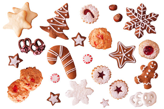 Variety of Christmas cookies and sweets. Top view. Unique items isolated on a transparent background. Holiday baking concept.