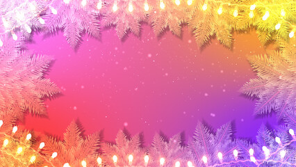 A full frame of frosty white pine branches decorated with lights. The center has a colorful gradient with falling snow.