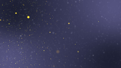 Abstract golden bokeh floats on a dark blue and purple backdrop. A magical, sparkling, and blurry texture.