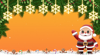 A cute cartoon Santa waves within a festive frame. Pine branches and glowing snowflakes hang above a snowy ground border