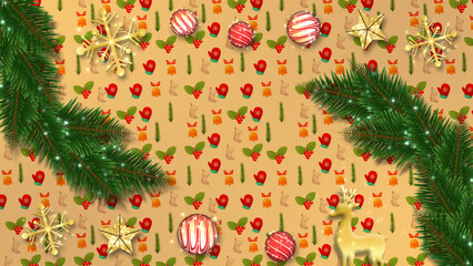 A repeating holiday pattern with mittens, bells, and holly. Pine branches, ornaments, and stars frame the design.