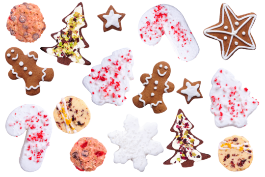 Collection of Christmas cookies and sweets. Overhead view. Unique items isolated on a transparent background. Holiday baking concept.