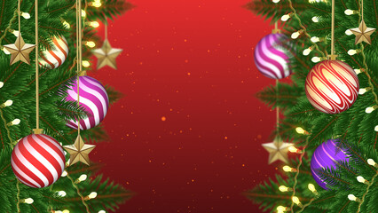 Green pine branches with lights create vertical borders on the left and right. Ornaments and stars hang against a red backdrop.