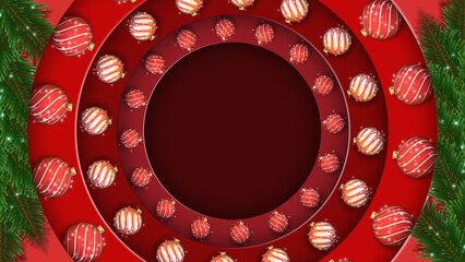 Festive red and gold baubles sit on layered red circular rings. Fir branches are in the corners of this holiday design.