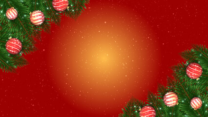 A festive red and orange gradient backdrop for the holiday season. Pine branches with red ornaments frame the copy space.