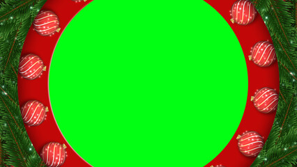 A holiday border made of fir branches and red baubles. The design is on a red background with a central green screen circle.