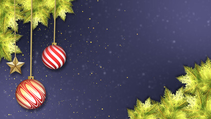 Holiday baubles and a star hang from pine branches. A dark blue background with golden sparkles provides copy space