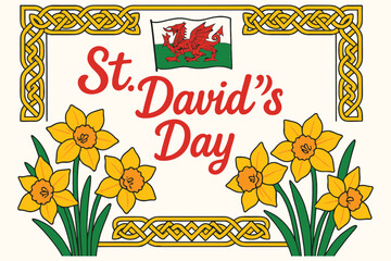 St davids day celebration with welsh flag daffodils and celtic border art