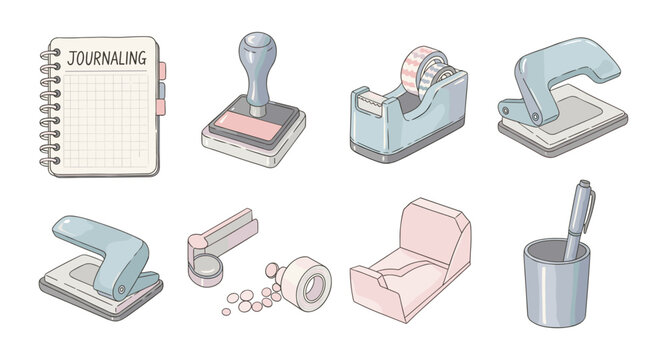 Pastel office supplies for journaling and creative projects in a modern workspace