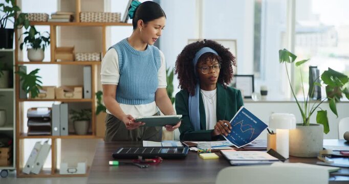 Document, business women and discussion with tablet for green energy, chart or idea. Tech, clean power and team meeting with paperwork for planning, sustainability analytics and proposal in office - Powered by Adobe