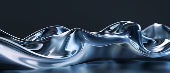 Abstract flowing chrome wave with smooth reflections, showcasing a liquid metal surface with subtle curves, studio lighting and a dark background for a modern, sleek aesthetic