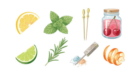 Cocktail garnishes and ingredients set with citrus, herbs, and decorative accents