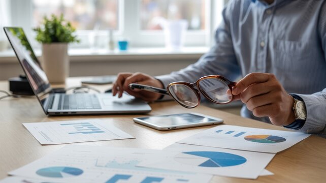 A person analyzing business data and financial reports at a desk with a laptop, tablet, and printed charts, holding reading glasses.