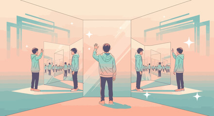 Obraz premium Illustration depicting a man standing in front of mirrors reflecting an endless crowd