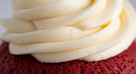 Close-up view of a red velvet cupcake topped with creamy, swirled frosting.