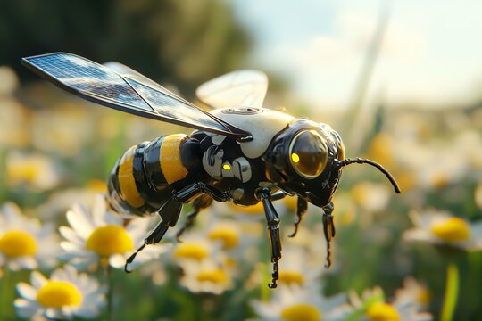 Close-up macro of a bumblebee insect on a yellow flower collecting honey pollen in nature during summer