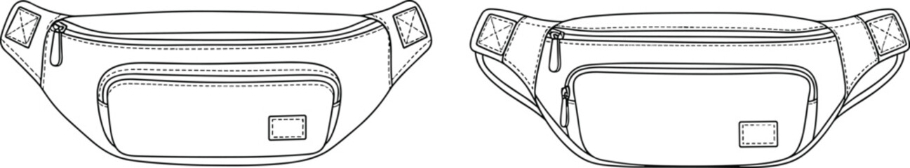 Waist bag technical sketch, front views with zipper and label detail, fashion accessory design, flat vector illustration set