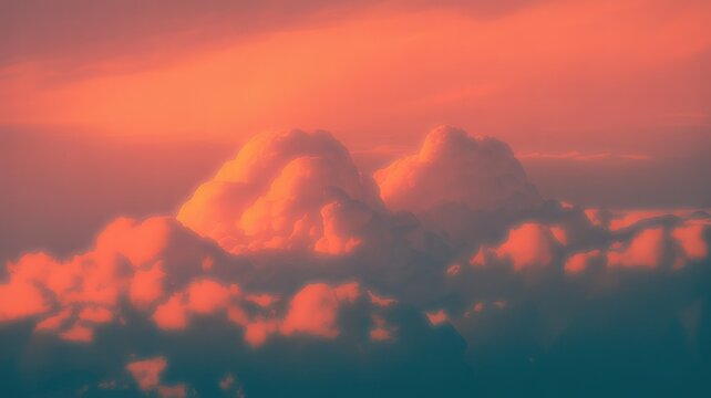 Vibrant cumulus clouds glow intensely under a fiery orange and red sunset. Deep teal shadows create a beautiful, ethereal atmospheric contrast. - Powered by Adobe