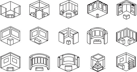 Collection of isometric line art icons representing various exhibition booth designs and trade show stands