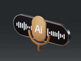 3D icon of an AI voice processing system with a microphone symbol and sound waves, representing speech recognition, audio transcription, voice analysis and sound generation.