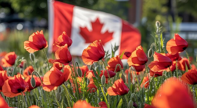 Vibrant red poppies bloom in a field with a canadian flag gently waving in the background on a sunny day