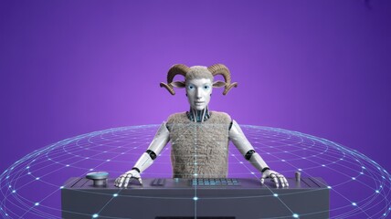 Cybernetic ram-headed entity with sheep's wool and glowing eyes operates a tech interface within a spherical digital grid.