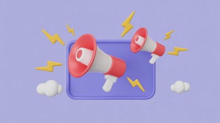 Two red and white 3D megaphones on a purple platform, surrounded by yellow lightning bolts and soft clouds, symbolizing important announcements and communication.