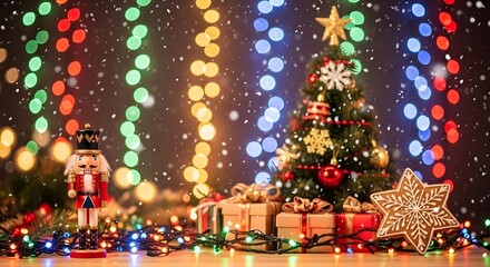 A christmas scene with a nutcracker tree gifts lights and a gingerbread star with falling snow