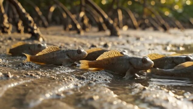 Amphibious mudskippers navigate the rich, muddy terrain of a tropical mangrove estuary at low tide, showcasing their unique adaptation