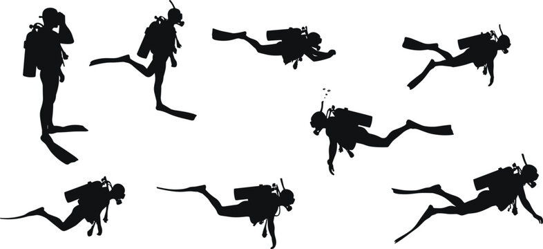 Scuba diver silhouettes, underwater motion, diving gear, marine activity, swimming posture, ocean exploration, aquatic movement, snorkel fins, sea anatomy, dive technique