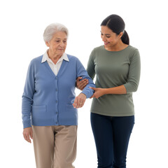 Caregiver Walking with Elderly Person – Supportive, Trusting Moment of Outdoor Mobility and Care

