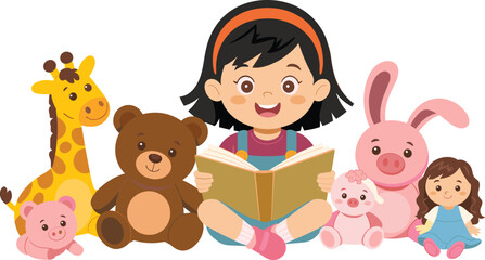 Cute cartoon girl reading book surrounded by stuffed toys including teddy bear giraffe bunny and dolls, educational children illustration promoting reading habits
