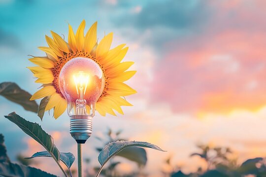 The bright yellow sun and flower symbol illustrate the concept of an electric light bulb as a glowing idea of energy and innovation