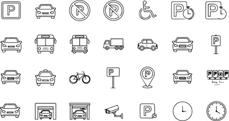 Fototapeta premium Collection of parking and transportation icons including cars, buses, trucks, and signs